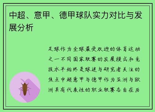 中超、意甲、德甲球队实力对比与发展分析