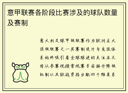 意甲联赛各阶段比赛涉及的球队数量及赛制